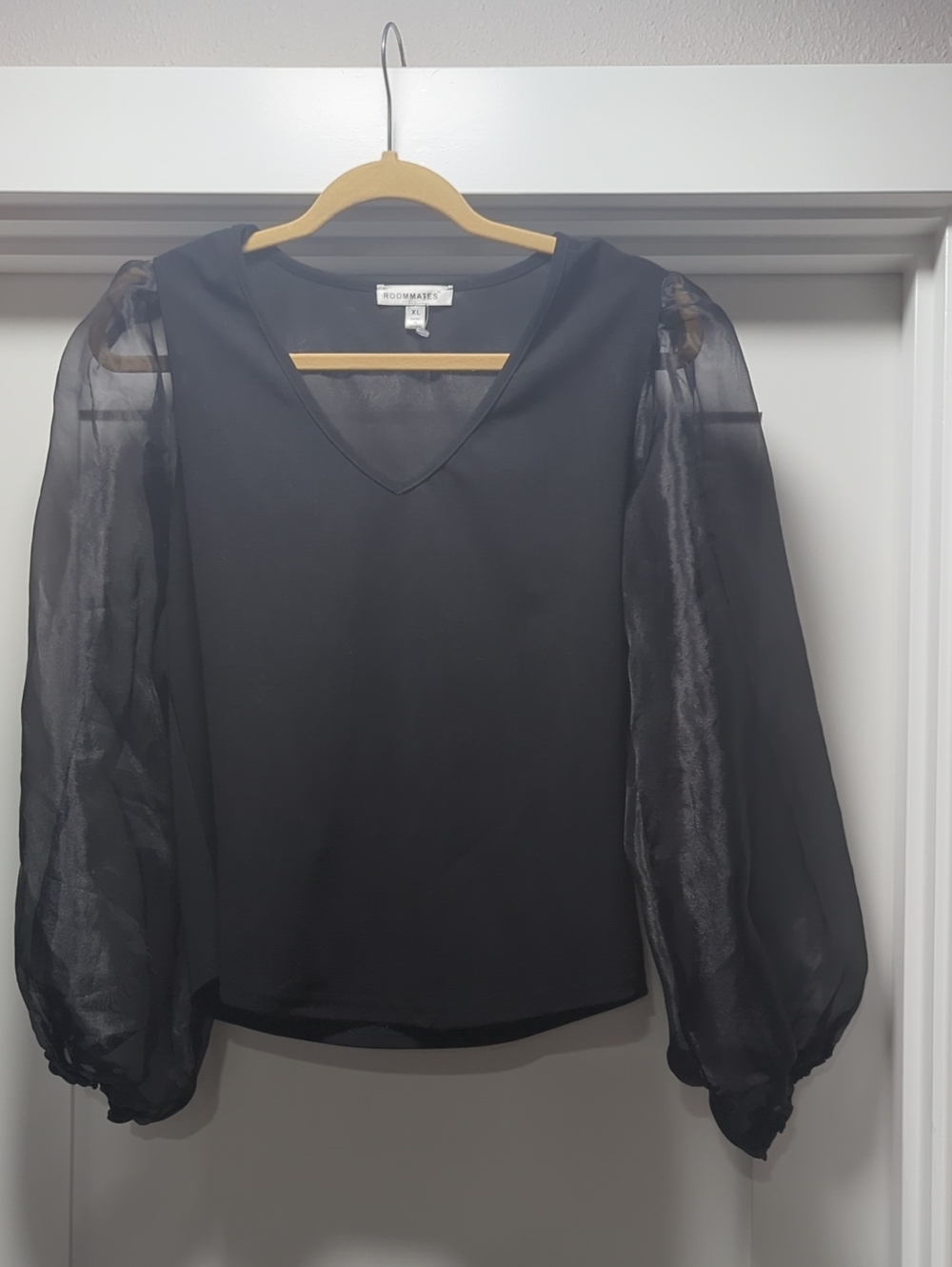Roommates Black V-Neck Sheer Puff-Sleeve Blouse